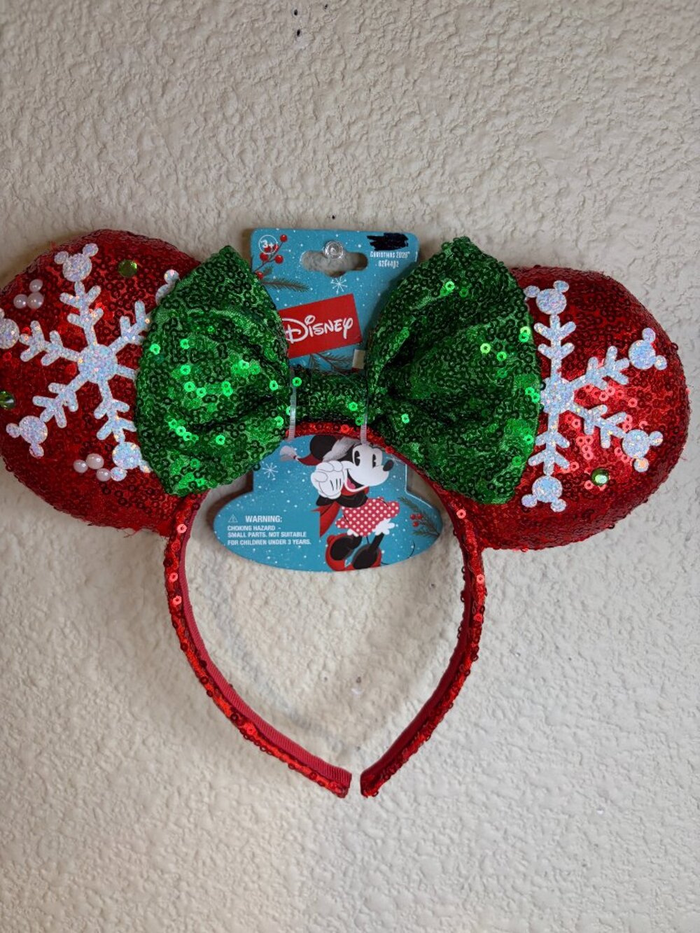 Disney Minnie Mouse Christmas Sequin Ears Headband Snowflake Green Bow NWT